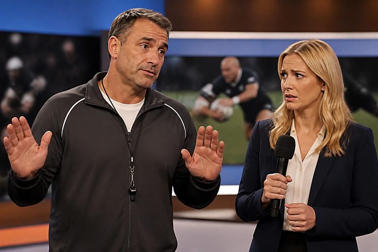 un entraîneur de rugby présente ses excuses suite à un incident en direct où il a bousculé et injurié une présentatrice télé, suscitant une vive polémique.